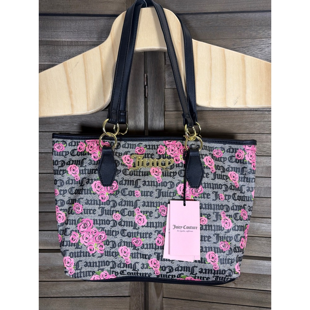 Juicy Couture Day to Date Tote Bag Pink Bloom Black Floral Monogram Shopper NEW - Picture 4 of 10